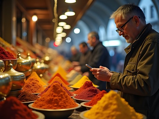 Traditional Istanbul merchant using modern payment technology with ancient market architecture