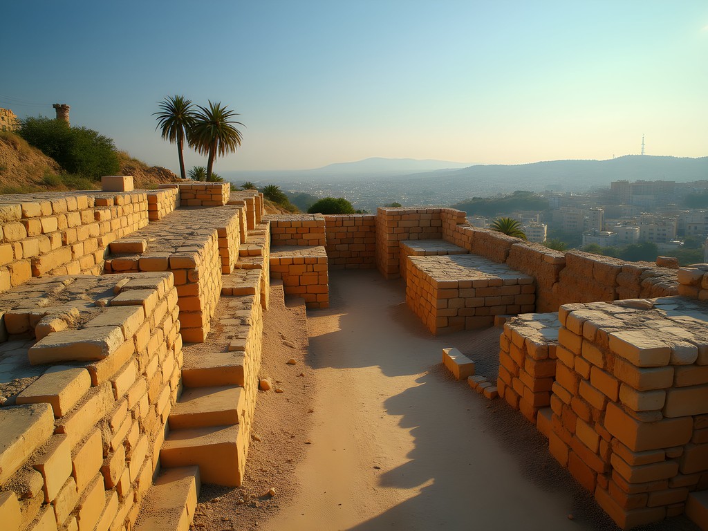 Ancient walls of Jericho with modern city visible in background