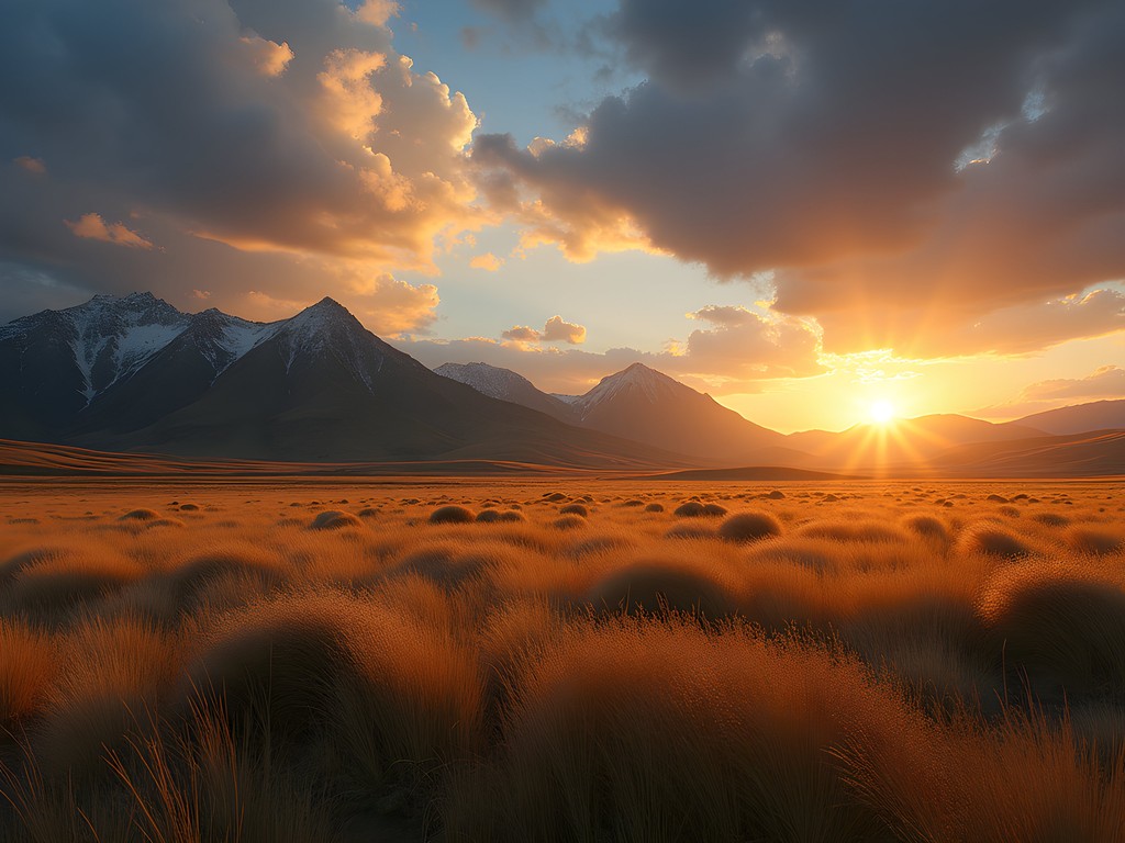 Sunrise over Bear Paw Mountains trail with golden prairie grasses