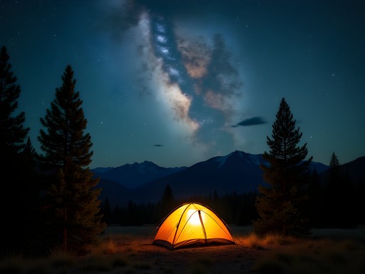 Night camping scene in Bear Paw Mountains with Milky Way visible above tent