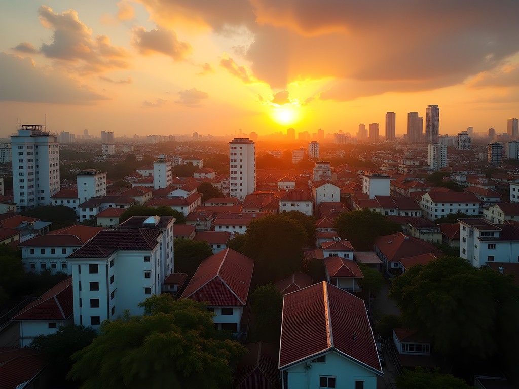 Sunset view from urban rooftop in Ho Chi Minh City