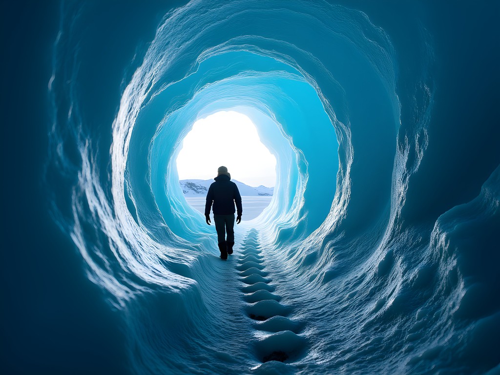 Person exploring brilliant blue ice cave in Vatnajökull glacier