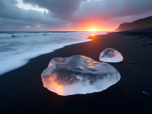 Ice fragments on black sand beach at sunrise near Jökulsárlón