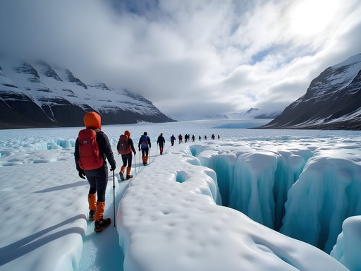 Hikers traversing Skaftafellsjökull glacier with specialized equipment