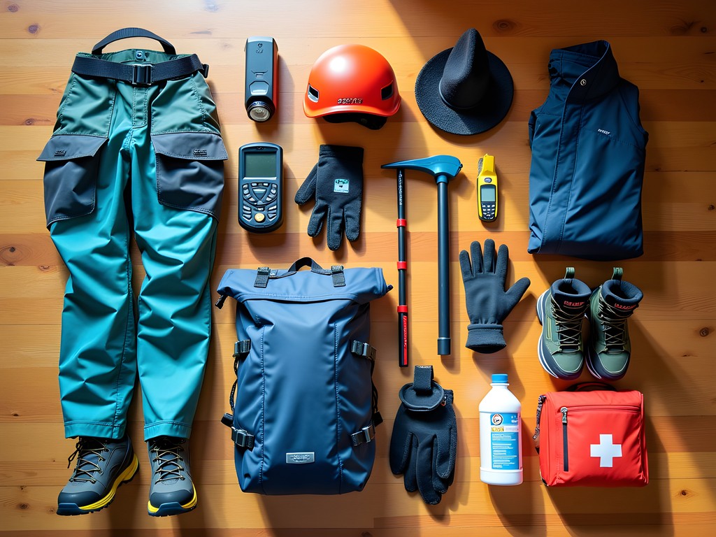 Essential glacier hiking equipment laid out including crampons, ice axe, helmet and thermal layers