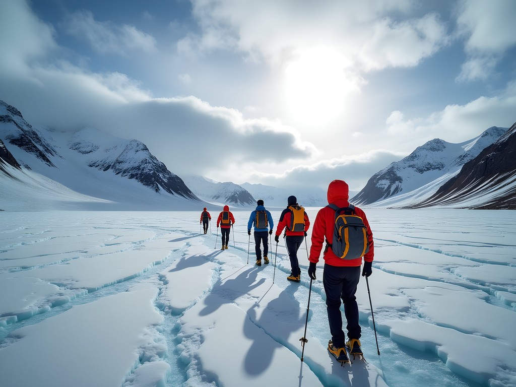 Group of hikers with crampons traversing Vatnajökull glacier with mountain views
