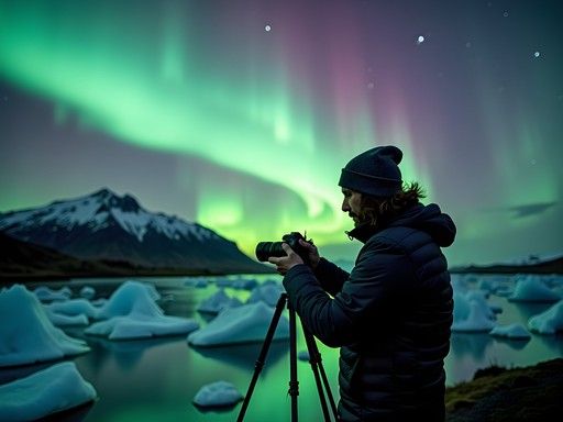 Man photographing northern lights over glacial landscape near Höfn Iceland