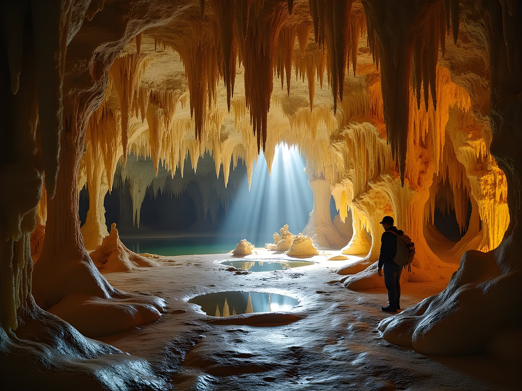 Dramatic limestone formations inside a cave near Hopkinsville with soft lighting revealing intricate stalactites