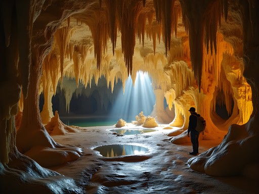Dramatic limestone formations inside a cave near Hopkinsville with soft lighting revealing intricate stalactites