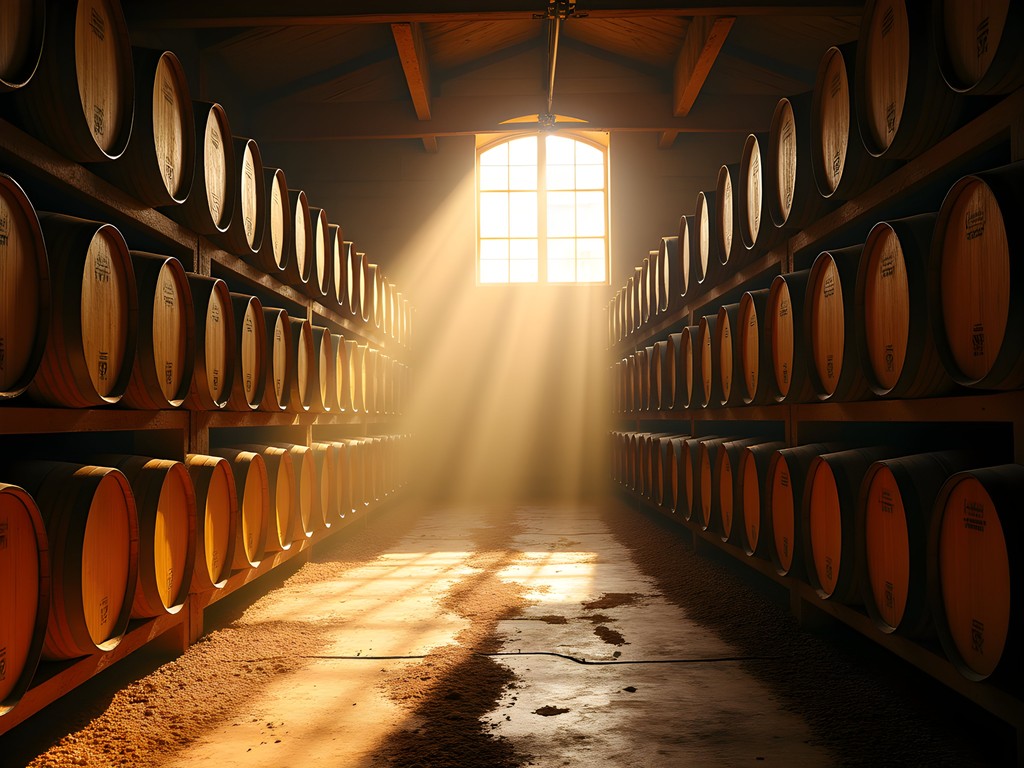 Rustic wooden bourbon barrels aging at MB Roland Distillery near Hopkinsville with golden afternoon light