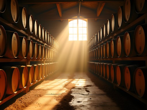 Rustic wooden bourbon barrels aging at MB Roland Distillery near Hopkinsville with golden afternoon light