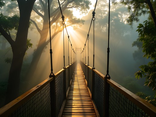 Suspended canopy walkway high above Amazon rainforest floor with morning mist