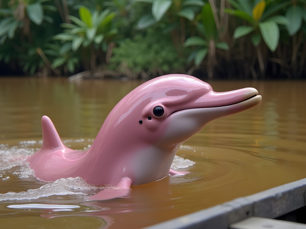 Pink river dolphin surfacing near wooden boat in Amazon River