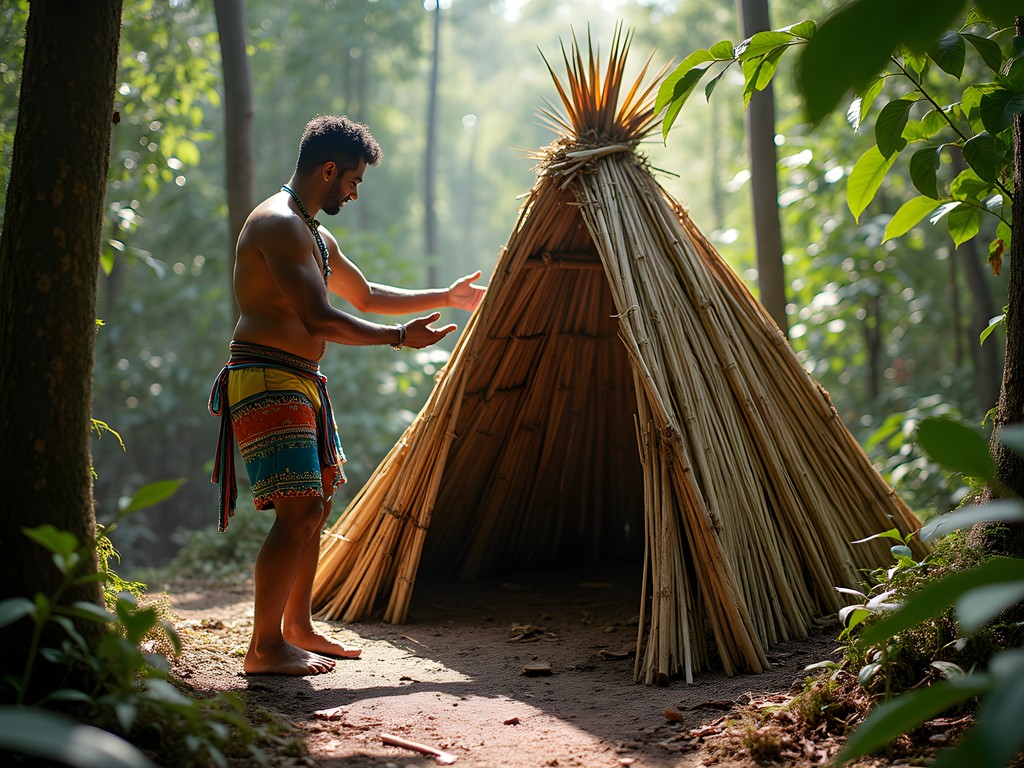 Indigenous guide teaching shelter building techniques in Amazon rainforest