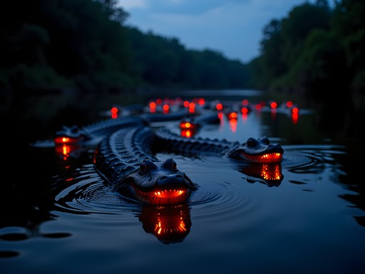 Caiman eyes glowing red in flashlight beam on dark Amazon waters