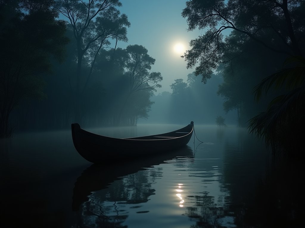 Nighttime canoe expedition through flooded Amazon forest