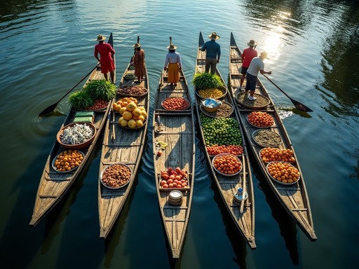 Colorful boats and vendors at Belén floating market in Iquitos