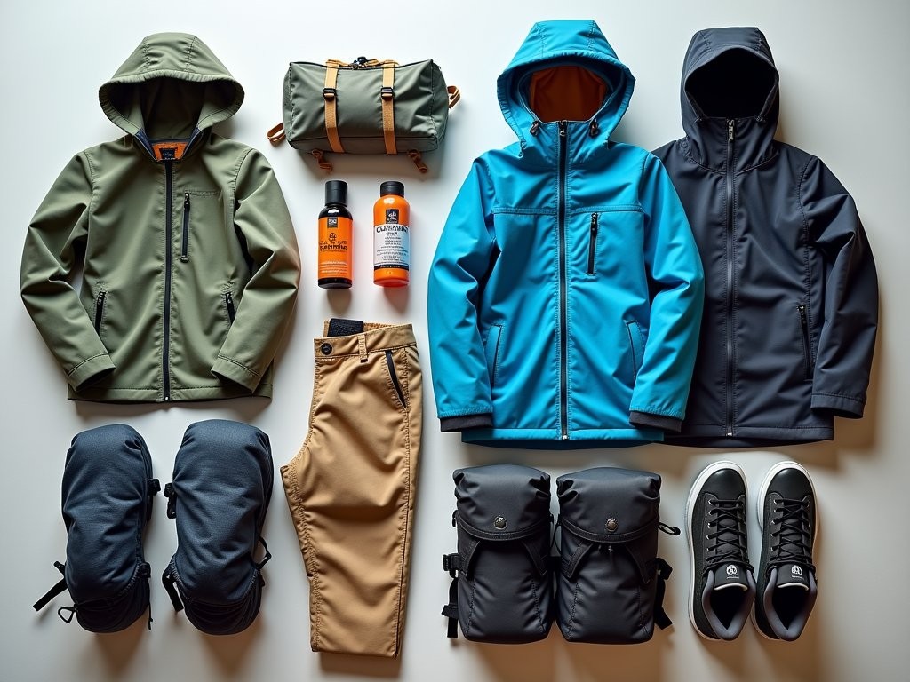 Specialized gear laid out for both Amazon rainforest and Antarctic environments