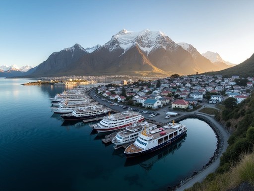 Ushuaia harbor with expedition ships and Martial Mountains backdrop