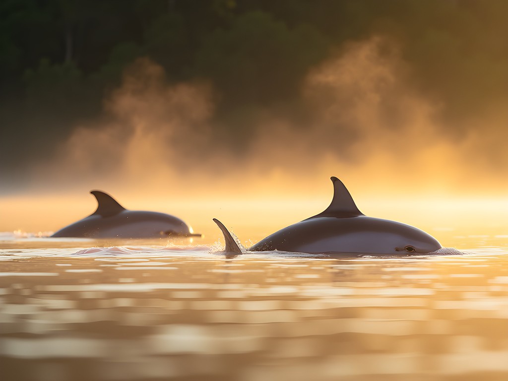 Pink river dolphins surfacing in misty Amazon River at dawn