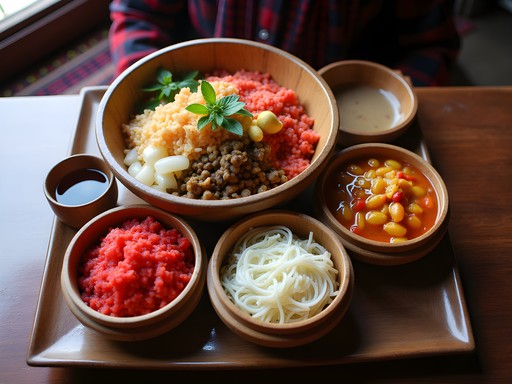 Traditional Bhutanese meal served in homestay with ema datshi and red rice