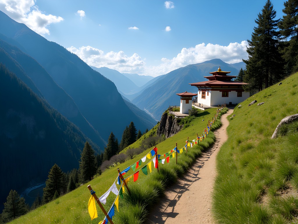 Tang Valley trail with distant view of monastery and prayer flags