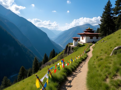 Tang Valley trail with distant view of monastery and prayer flags