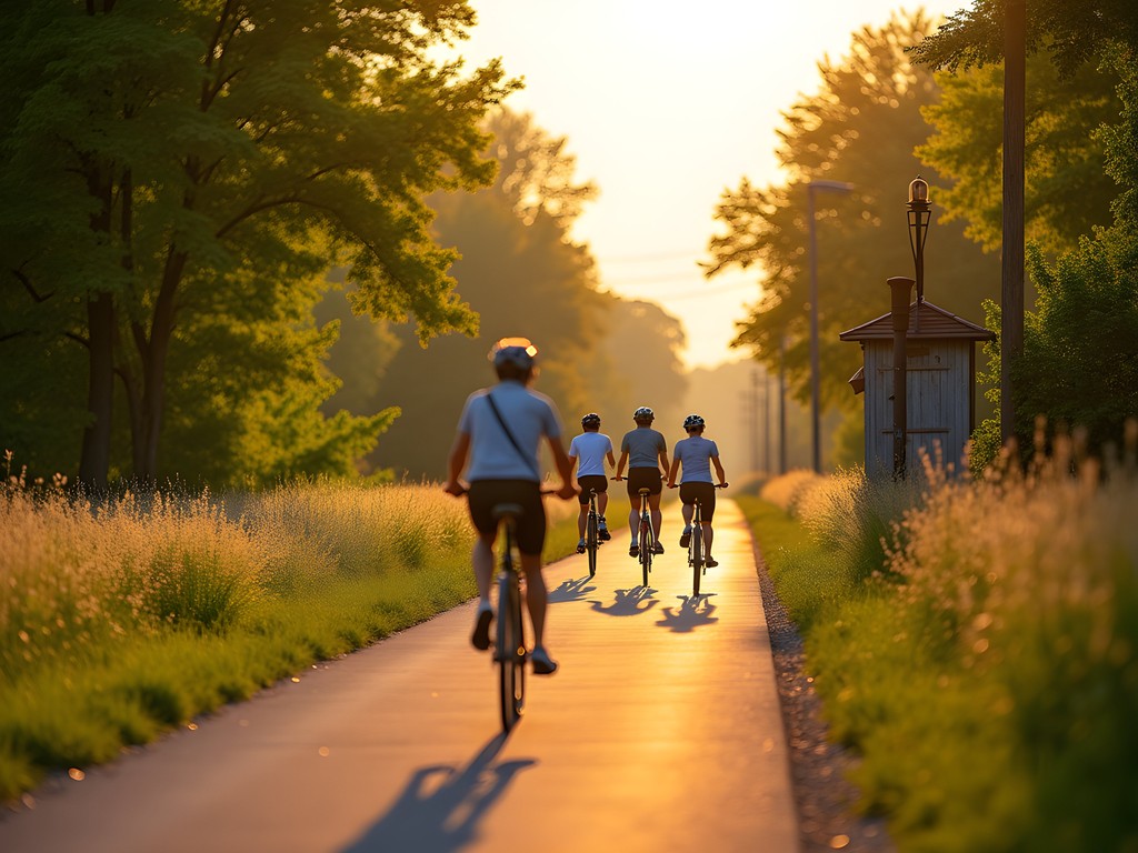 Group of cyclists on the Peace Trail with railway heritage elements visible in Janesville