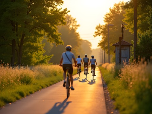 Group of cyclists on the Peace Trail with railway heritage elements visible in Janesville