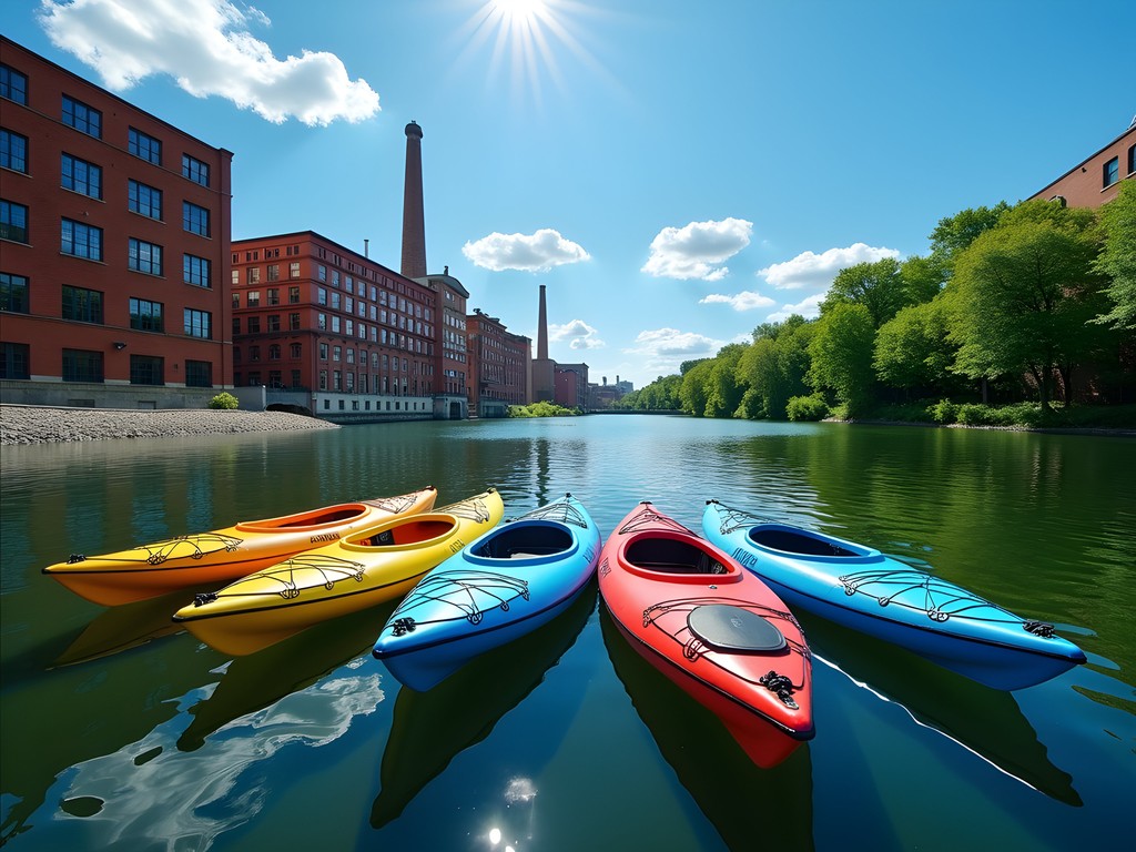Group of kayakers paddling the Rock River past historic riverside buildings in Janesville