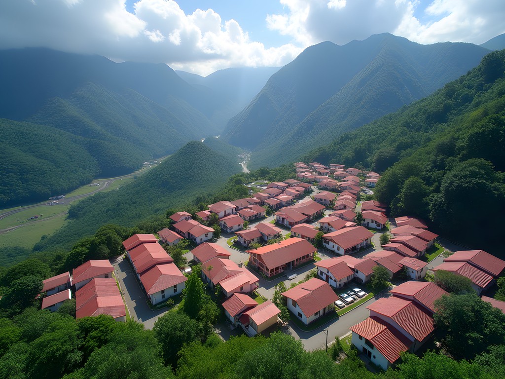 Aerial view of Jarabacoa town nestled in Dominican Republic mountains