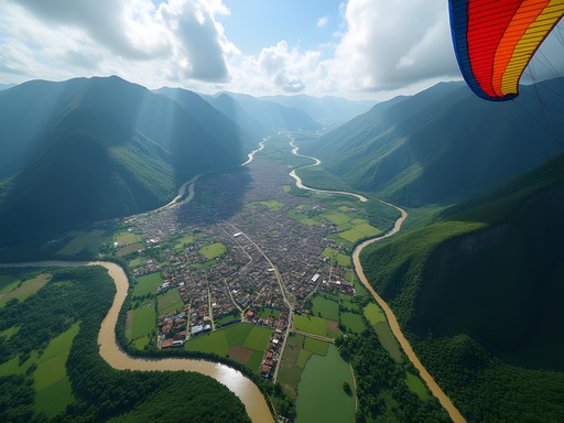 Paragliding over Jarabacoa valley showing rivers, mountains and town layout
