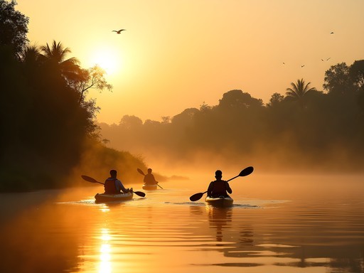 Early morning kayaking on the calm waters of the Nile in Jinja with misty sunrise