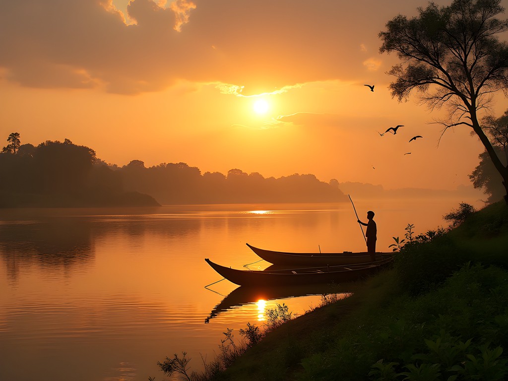 Sunset over the Source of the Nile in Jinja with traditional fishing boats silhouetted against golden light