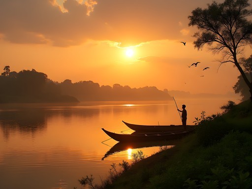 Sunset over the Source of the Nile in Jinja with traditional fishing boats silhouetted against golden light