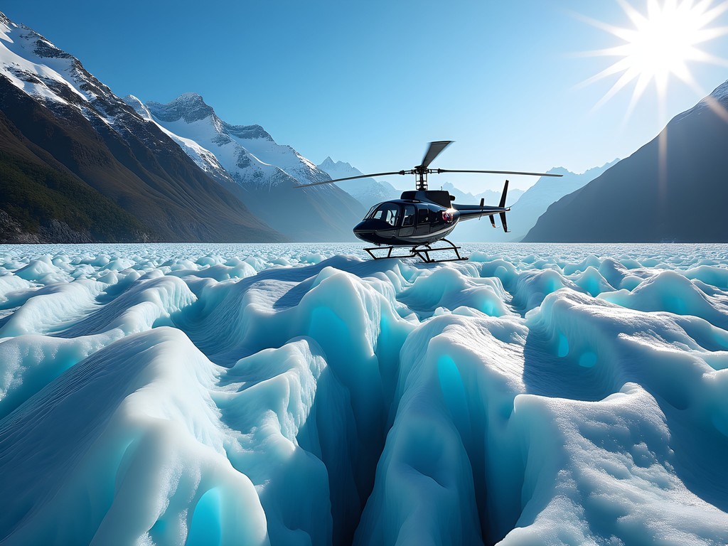 Helicopter landing on Mendenhall Glacier with dramatic blue ice formations