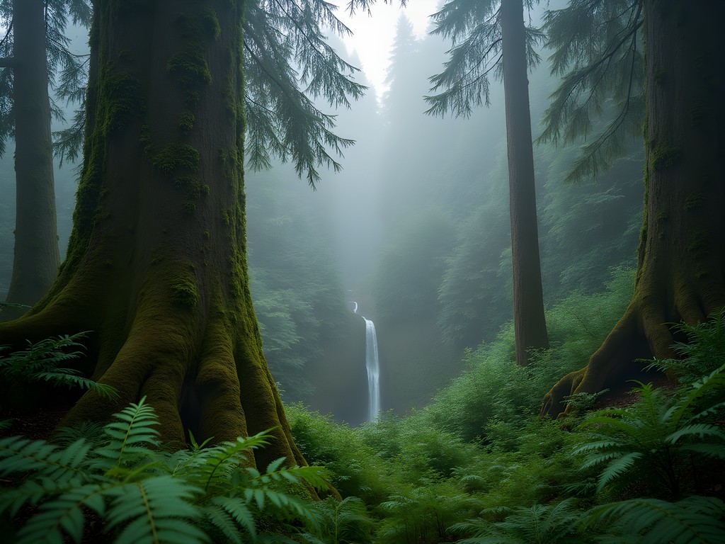 Photographer capturing misty Tongass National Forest with waterfall