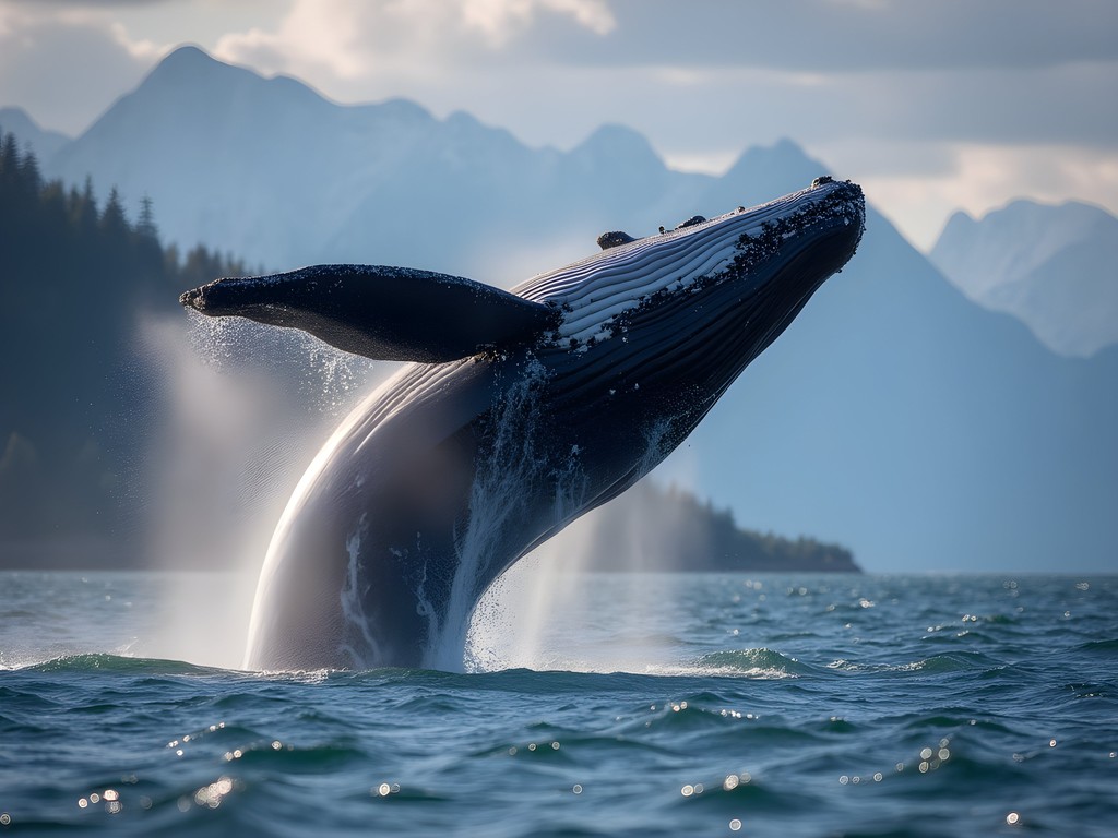 Humpback whale breaching in Auke Bay with Mendenhall Glacier in background