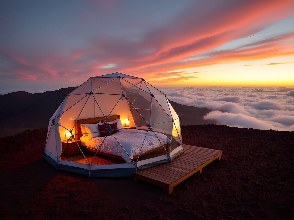Luxury dome tent glamping setup at Haleakala summit with sunset views