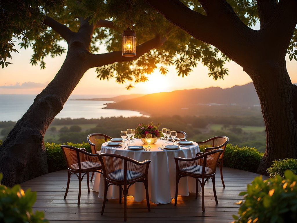 Exclusive treetop private dining platform overlooking Kahului and West Maui Mountains at sunset