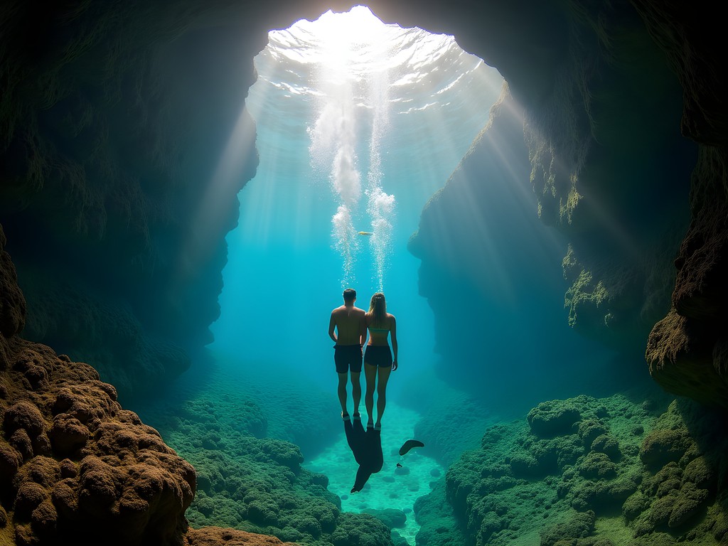 Couple exploring underwater lava tubes off Maui's north shore with vibrant marine life