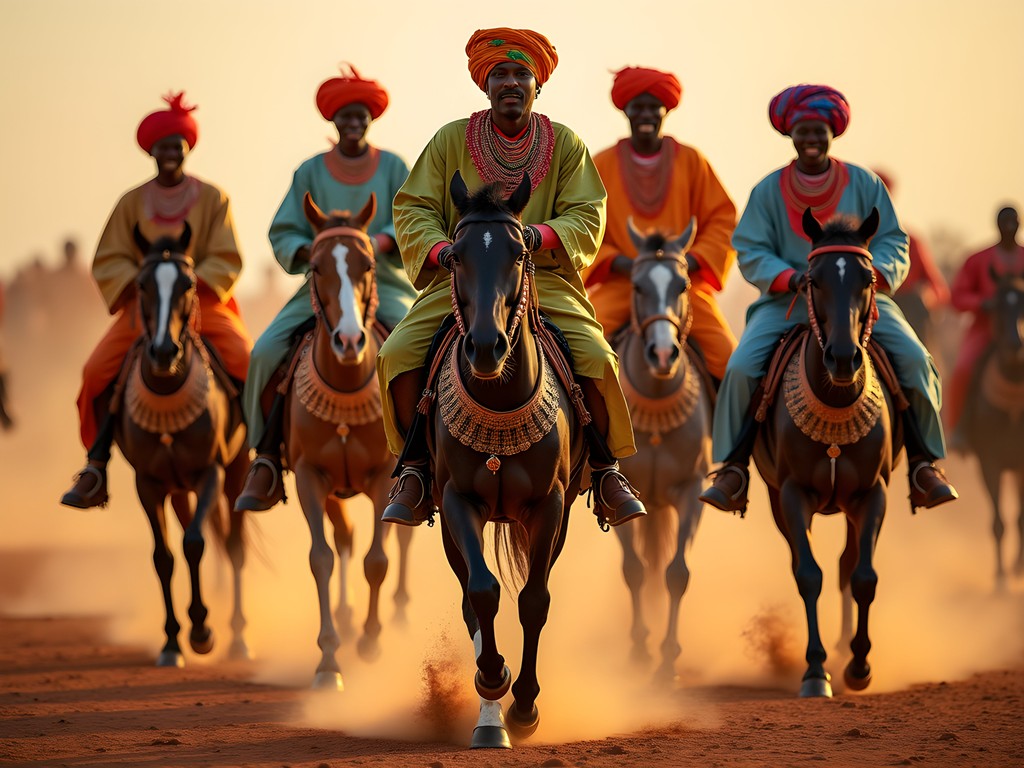 Colorful durbar festival in Kaduna State showing traditional horsemen in elaborate costumes