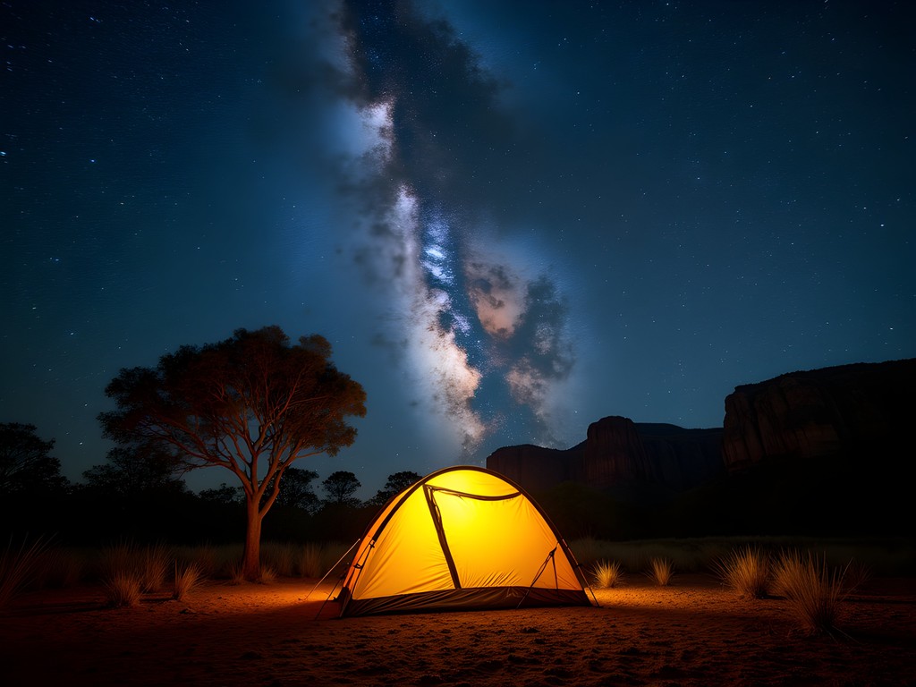 Nighttime camping scene in Kakadu National Park with tent illuminated under spectacular Milky Way