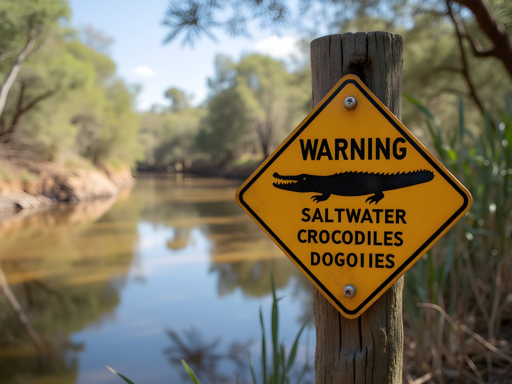 Warning sign about saltwater crocodiles next to waterway in Kakadu National Park