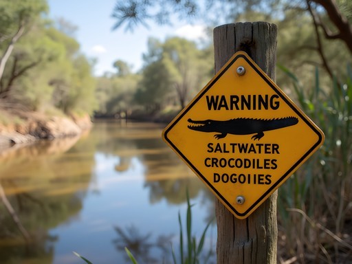 Warning sign about saltwater crocodiles next to waterway in Kakadu National Park