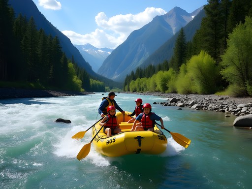 Family floating on Middle Fork of the Flathead River with mountains in background