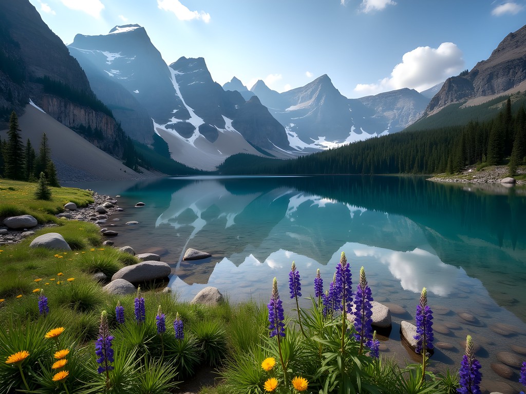 Birch Lake in Jewel Basin with mountain reflections and wildflowers