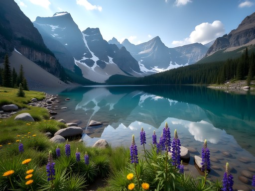 Birch Lake in Jewel Basin with mountain reflections and wildflowers