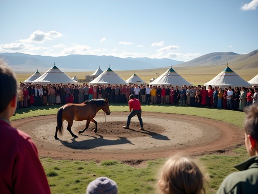 Traditional Mongolian naadam festival near Karakorum Mountains with locals and visitors