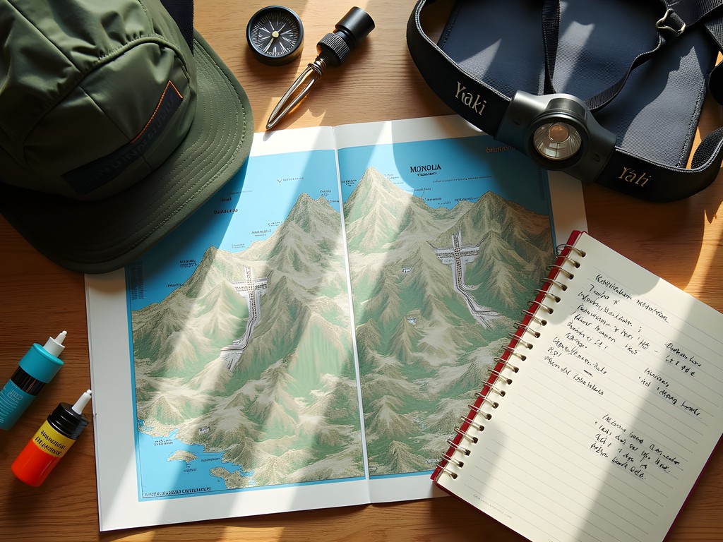 Planning a trekking route through the Karakorum Mountains of Mongolia with maps and equipment